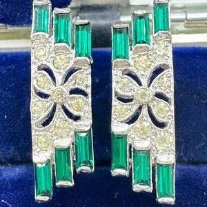 Panetta vintage silver tone clear emerald green rhinestones clip on earrings